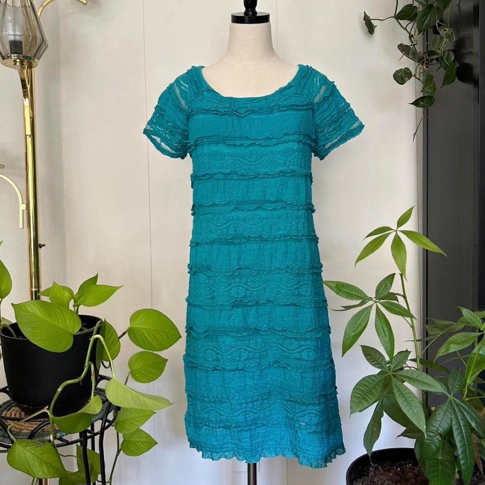 Dress Barn Womens 10 Teal Blue Tiered Lace Ruffle Short Sleeve Midi Dress Y2K